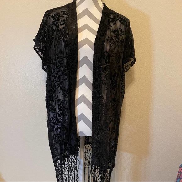 Jessica Simpson Solid Black Sheer Velvet Burnout Floral Leanne Fringe Kimono XS - Picture 1 of 16